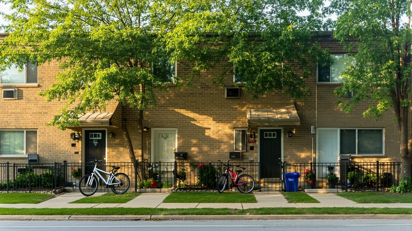 Exterior view of a small brick apartment building with bicycles and plants by the doors on a sunny day in Grove City, Ohio.