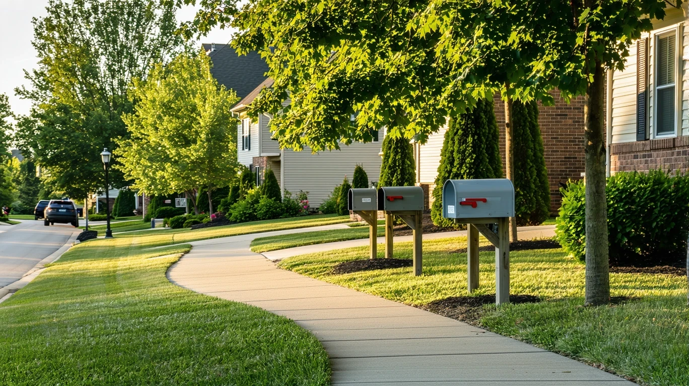 A sunny suburban sidewalk in Grove City, Ohio lined with gray mailboxes.