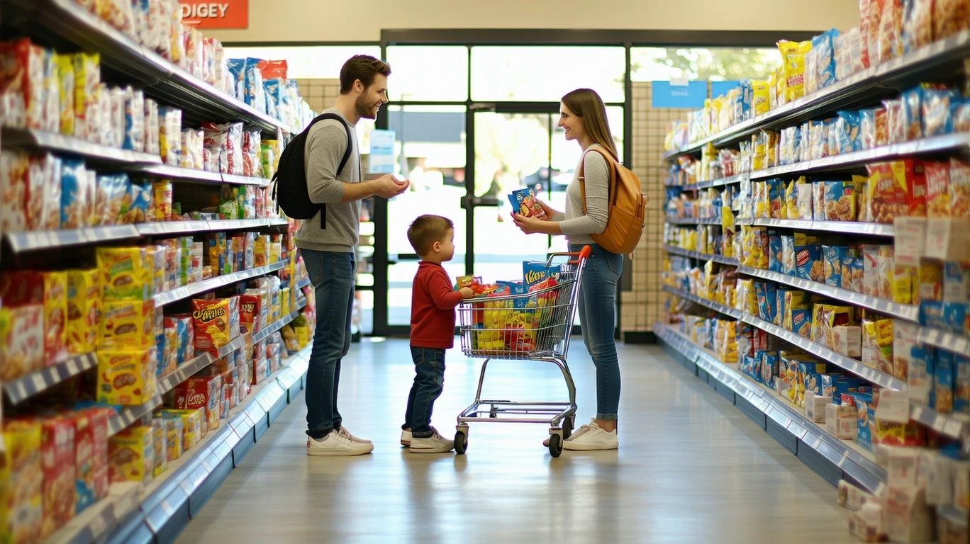 A couple and their child comparing cereal boxes in a grocery store aisle.
