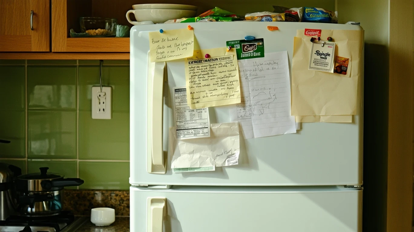 A fridge door covered in budget notes, lists, and coupons held by magnets.
