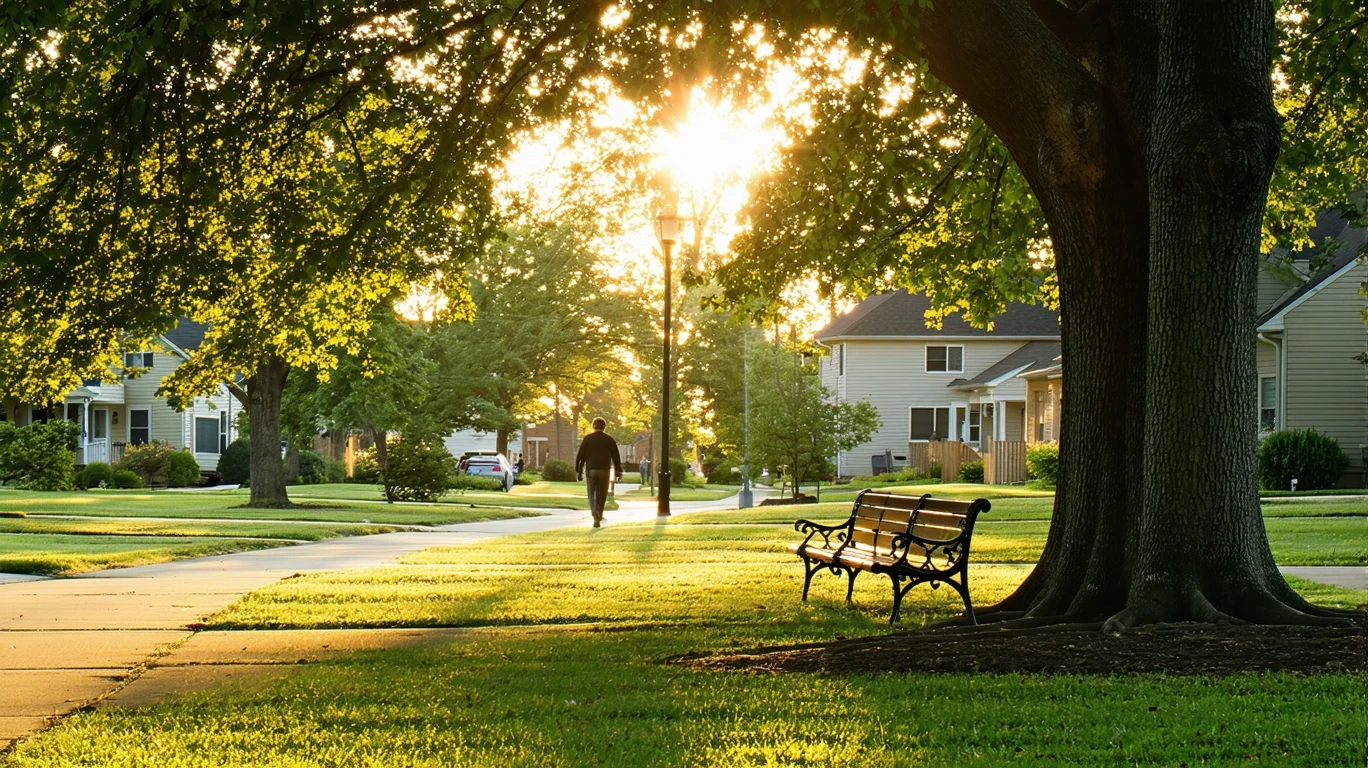 A peaceful park lawn in Grove City, OH with empty benches beneath old oak trees and golden-hour light stretching across the grass.