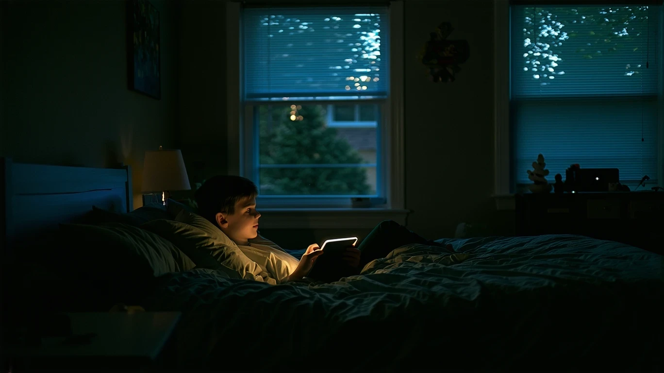 A teenage boy lounges on his bed, face lit by a tablet screen in a dimly lit bedroom.