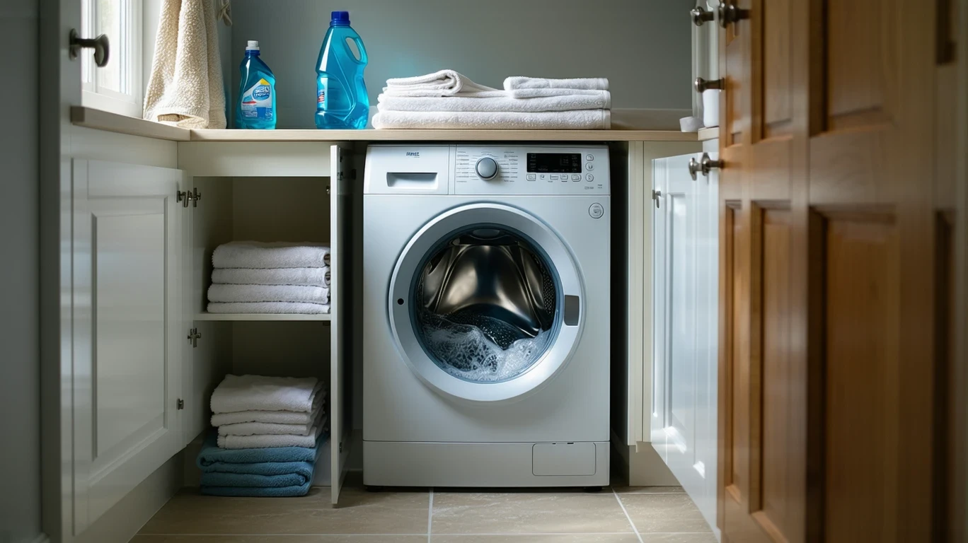 A top-loading washing machine running with the lid open in a tidy laundry room.