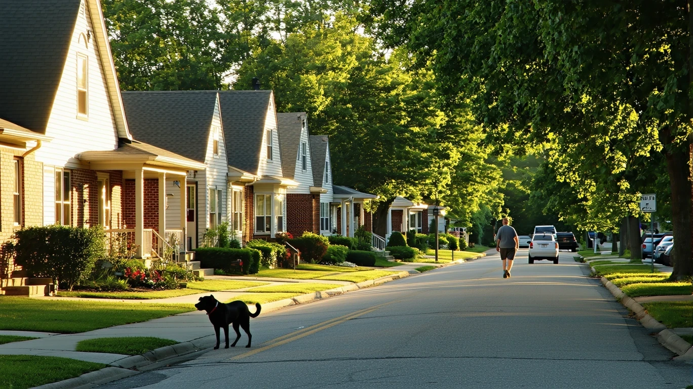 A tree-lined residential street in Grove City, Ohio with one-story homes and a pedestrian walking a dog at sunrise.