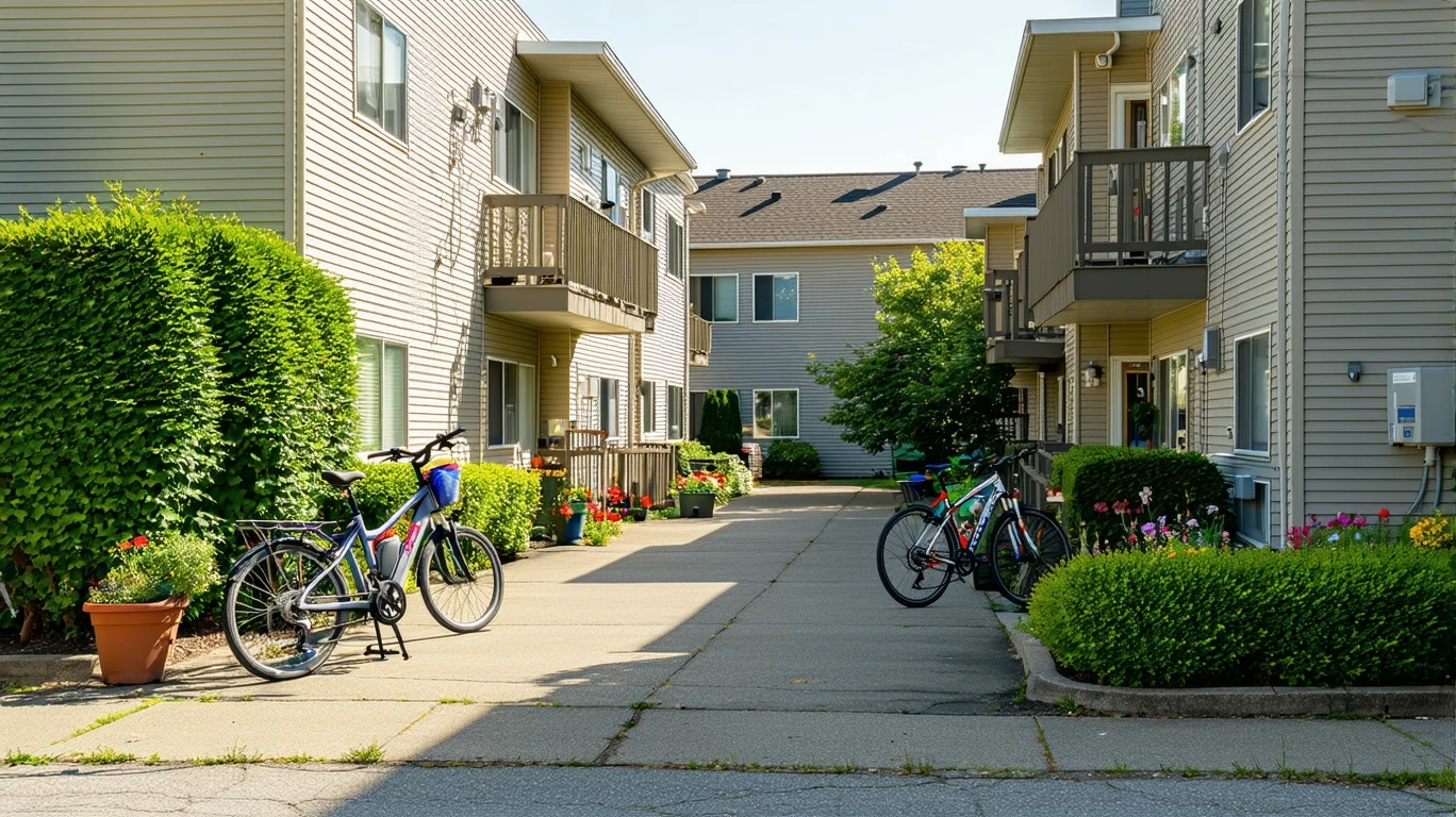 A small suburban apartment building with bicycles by the entrance on a sunny day.