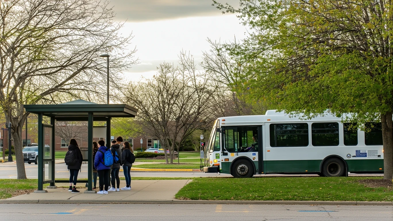 A campus shuttle stop on an overcast day, a few students waiting under a small shelter as a shuttle idles nearby.