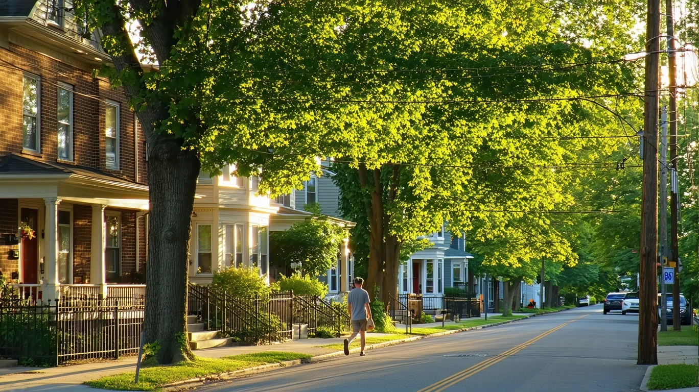 Tree-lined residential street in Hamilton, Ohio with sunlight filtering through maple leaves onto sidewalk