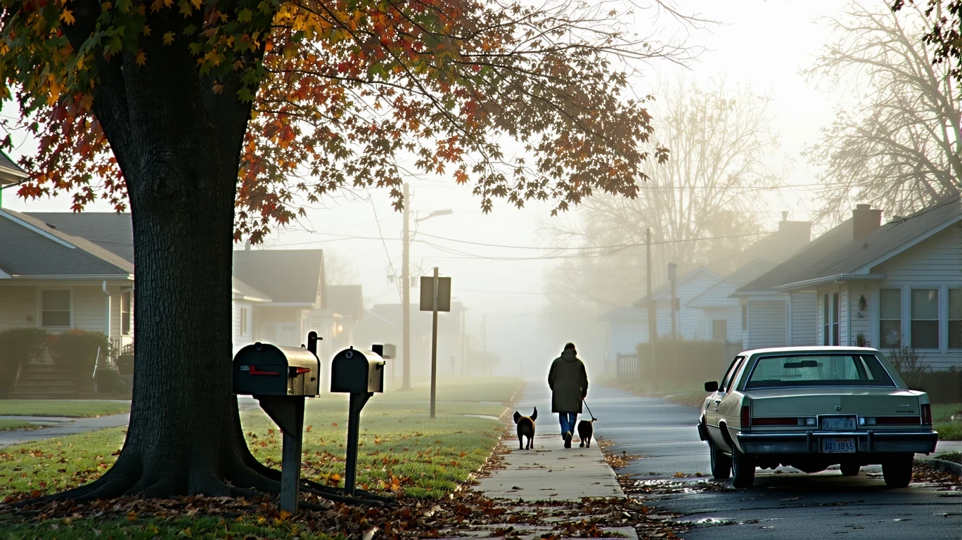 A foggy morning street in Hamilton, Ohio, with modest homes, fall foliage, a parked car, and a person walking their dog.