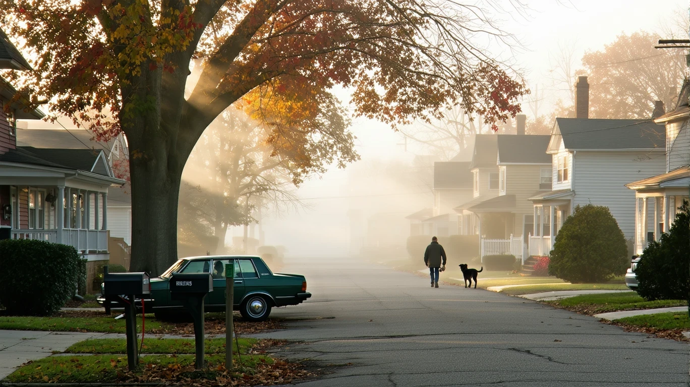 A foggy morning street in a suburban neighborhood with houses, mailboxes, a parked car, and a person walking a dog in the distance.
