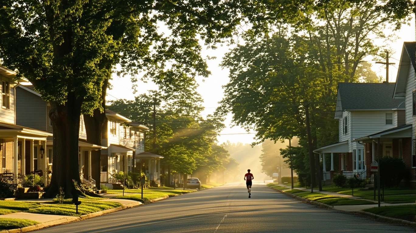 Suburban street in Hamilton, Ohio with one-story homes, trees, and a jogger on a quiet summer morning.