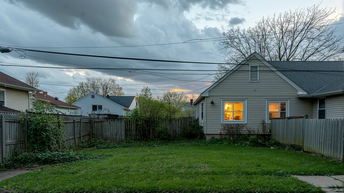 Backyard with overgrown grass, leaning fence, and power lines under stormy sky.