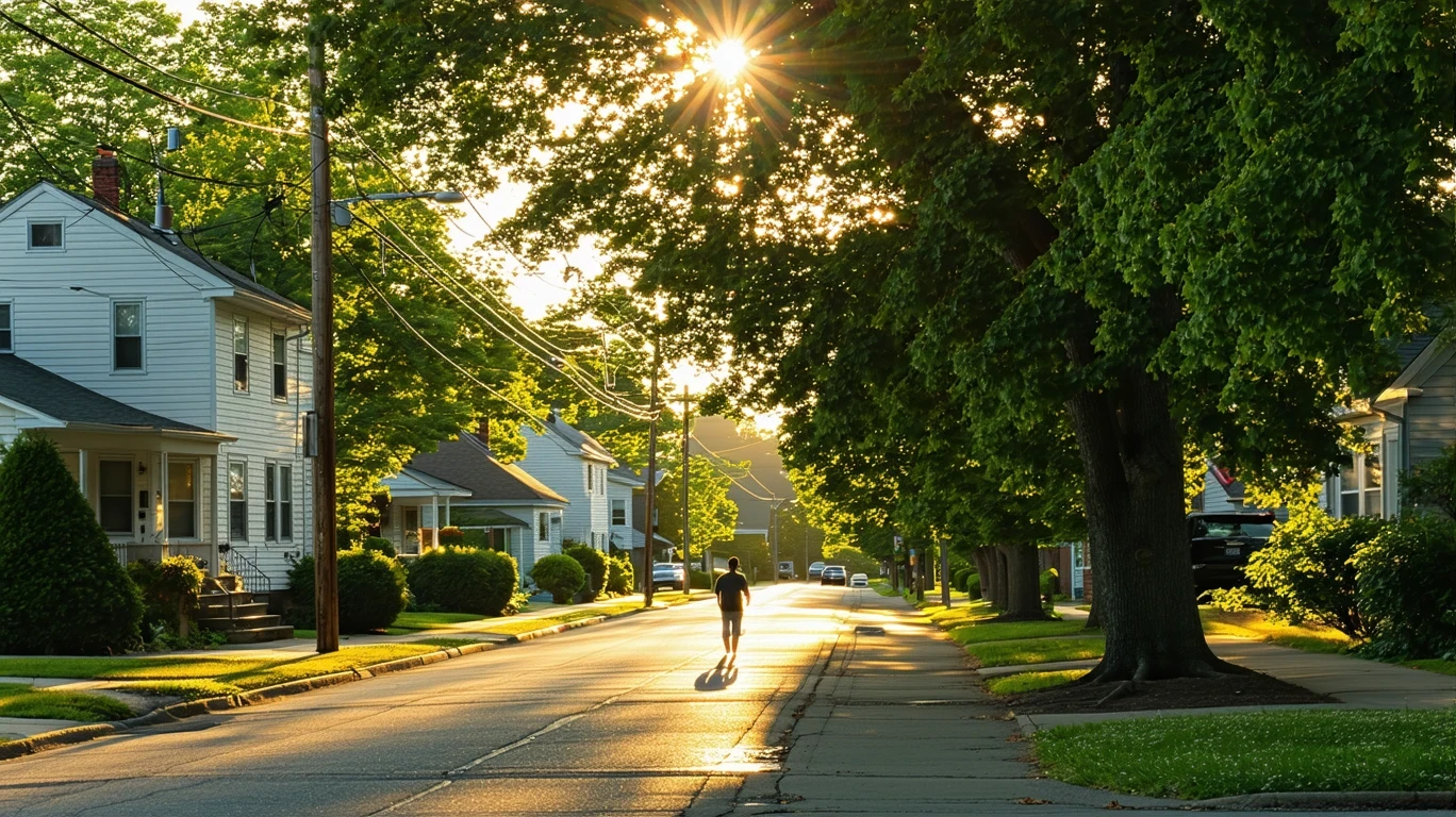 A quiet suburban street in Hamilton, Ohio with sunlight filtering through maple trees and a person walking on the sidewalk.
