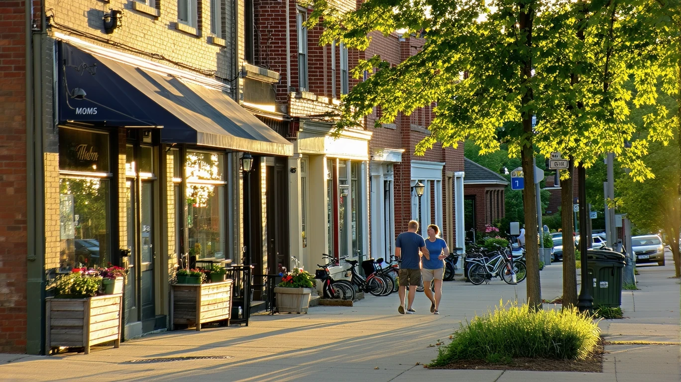 Storefronts and neighborhood street in Hamilton, Ohio at dusk, with a couple walking and trees framing the scene.