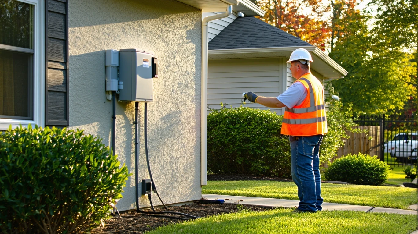 A utility worker inspects an electric meter on a suburban home in Harrisburg, NC on a sunny day.
