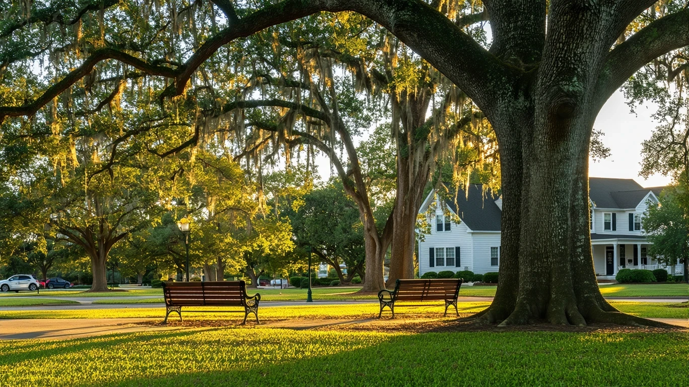 A quiet park lawn beneath old oak trees, with empty benches and golden-hour light.