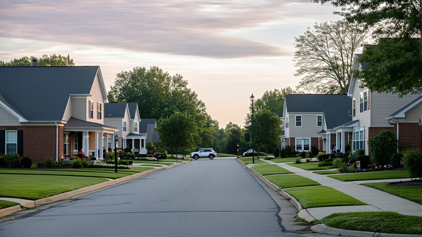 A peaceful residential street in Harrisburg, NC at sunrise, with modest homes and leafy trees.
