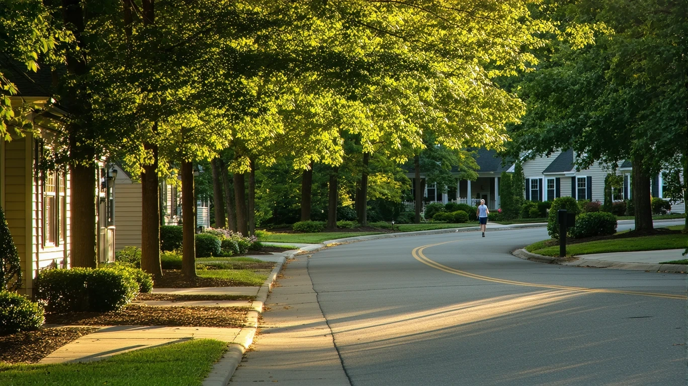 A tree-lined suburban street in Harrisburg, NC with a sidewalk curving past well-maintained homes.