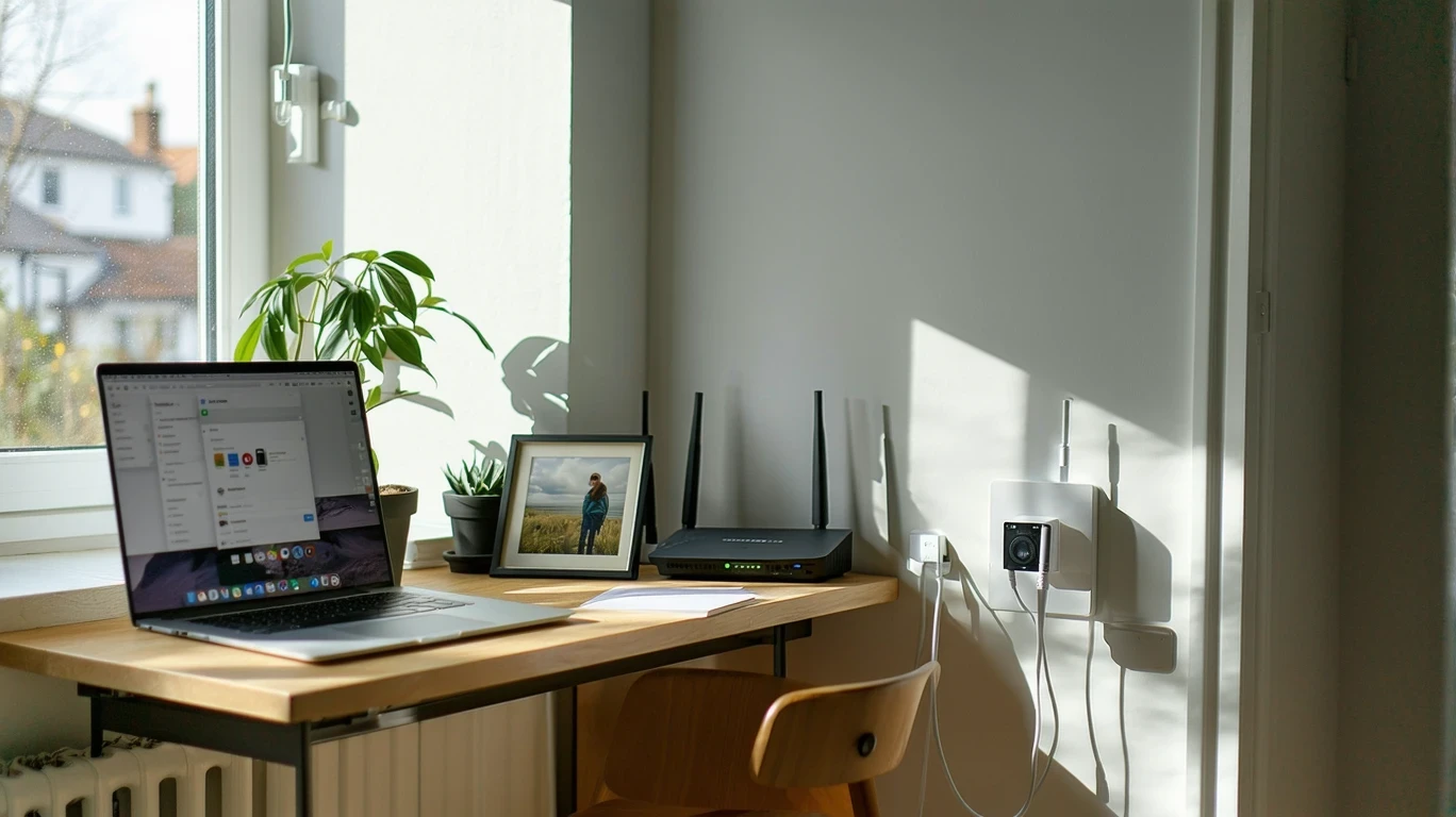 A tidy home office corner with a router and modem on a shelf.