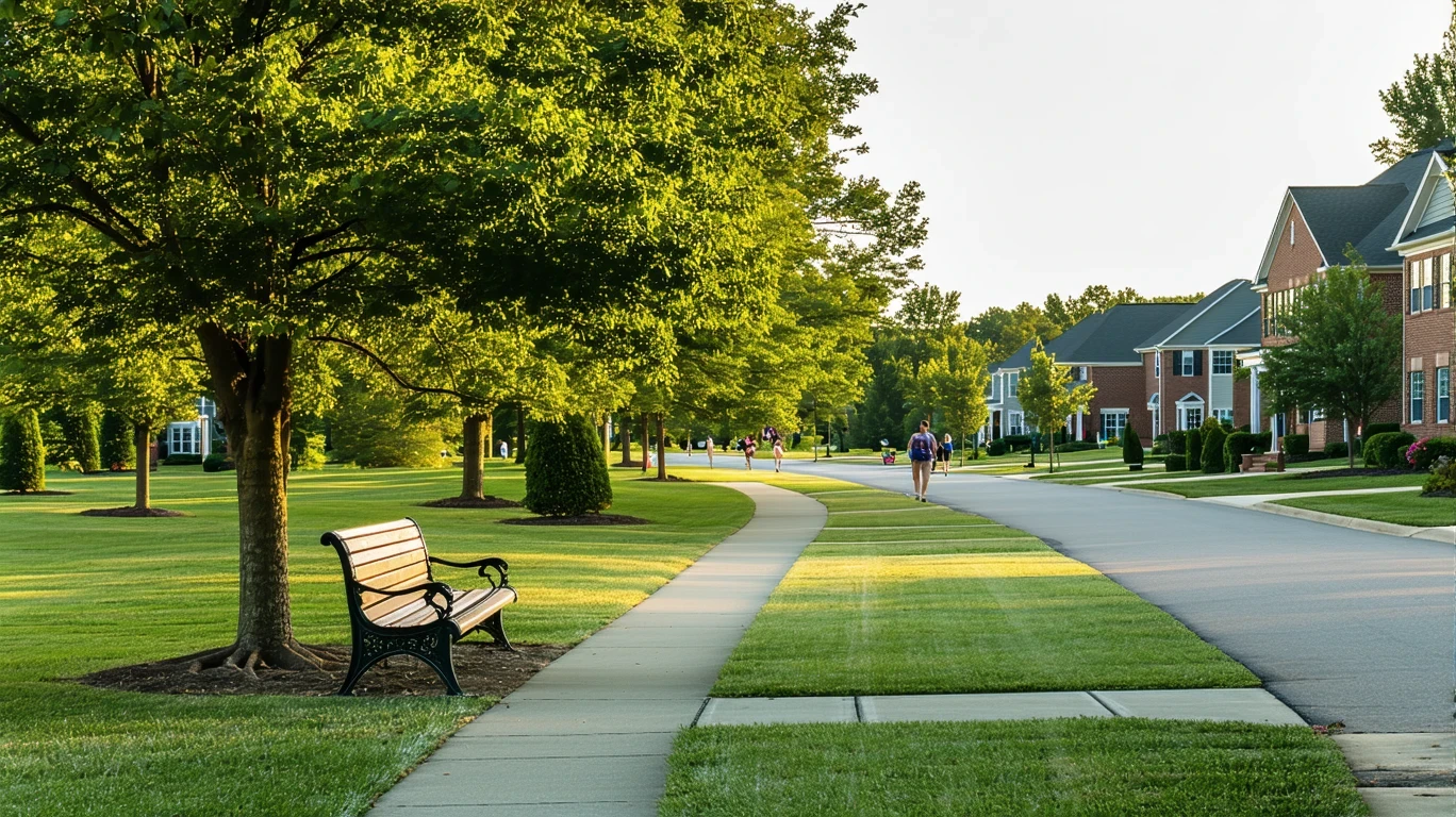 A neighborhood park in Harrisburg, NC with a path, bench, hedges and mature trees, viewed from across a residential street.