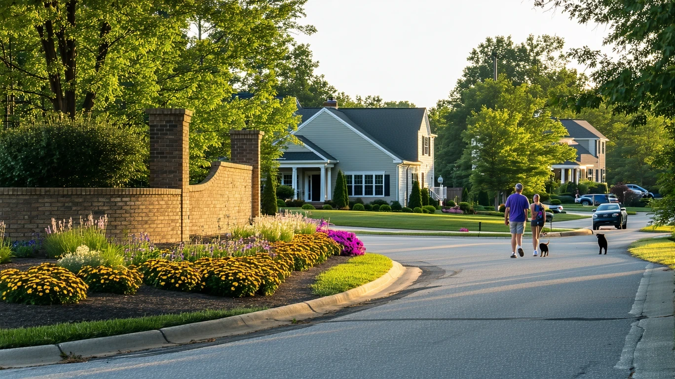 The start of a cul-de-sac in a Concord, NC suburb with a low brick wall, native plants, sidewalks and well-kept homes.