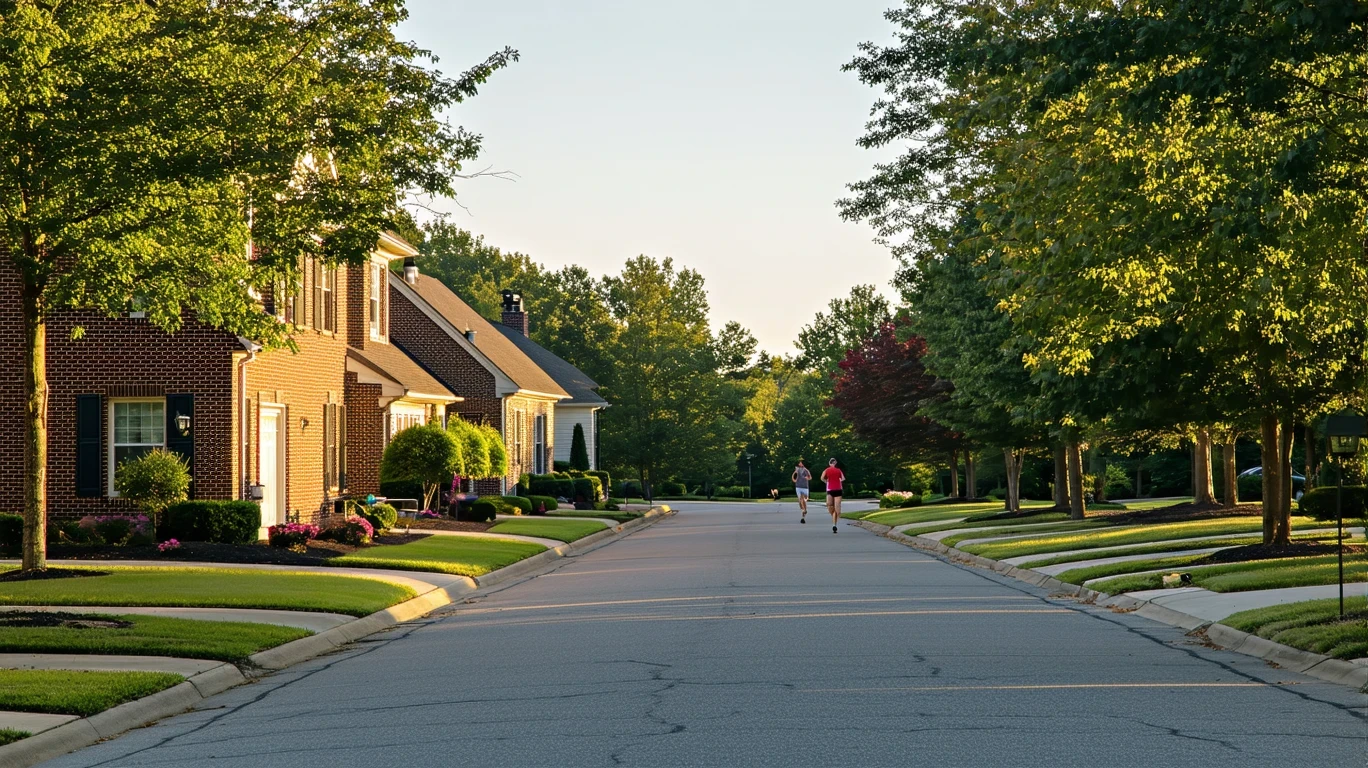 A tree-lined suburban cul-de-sac with brick homes and landscaped yards in morning light.