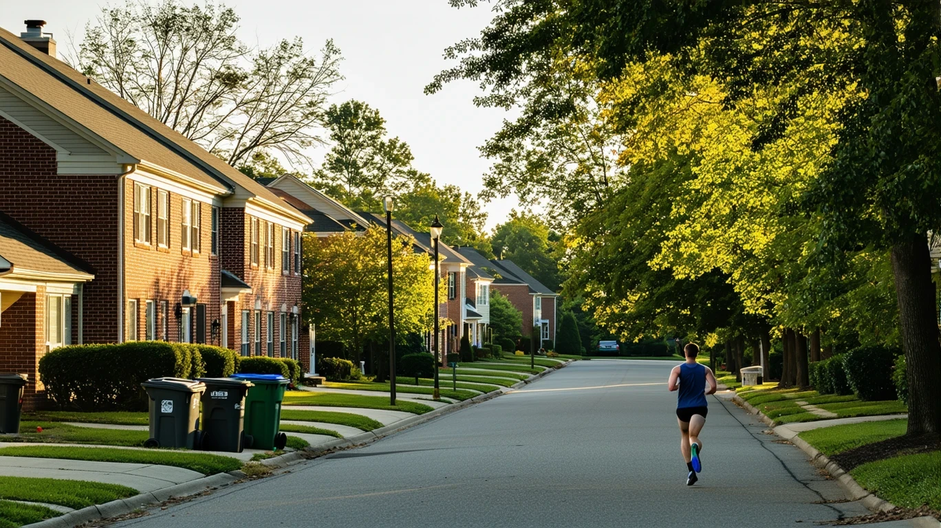 A tidy suburban street in Harrisburg, NC lined with red-brick houses and recycling bins out for pickup. A jogger runs past.