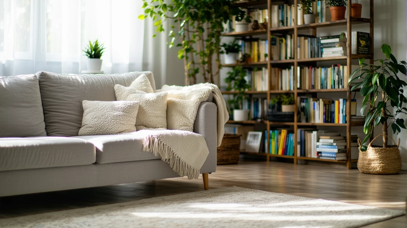 Sunlight streams into a small, cozy Charlotte living room with a gray couch, bookshelf, and hardwood floors.