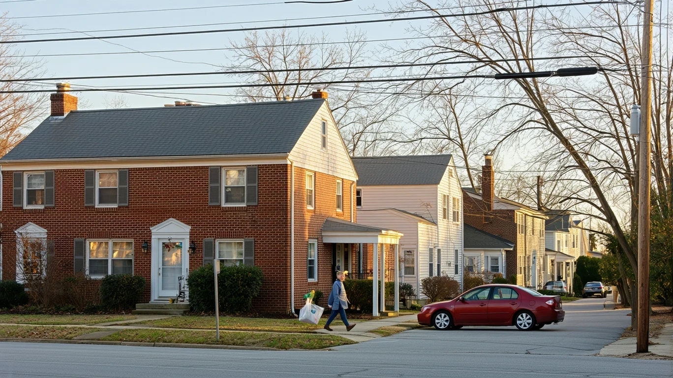 A residential street corner in Harrisburg, NC with modest single-story homes, patchy lawns, and an older parked car.