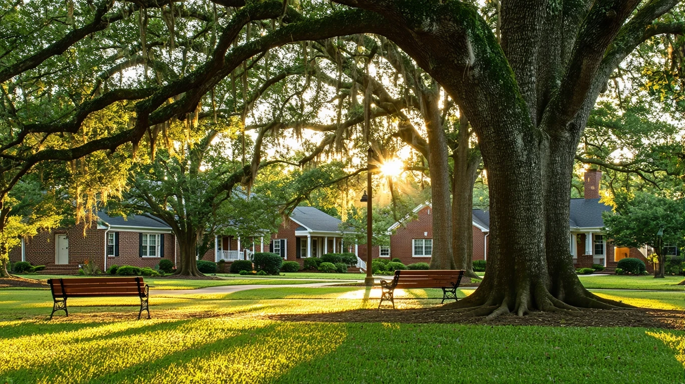 A quiet park lawn with benches beneath oak trees in Harrisburg, North Carolina at golden hour.