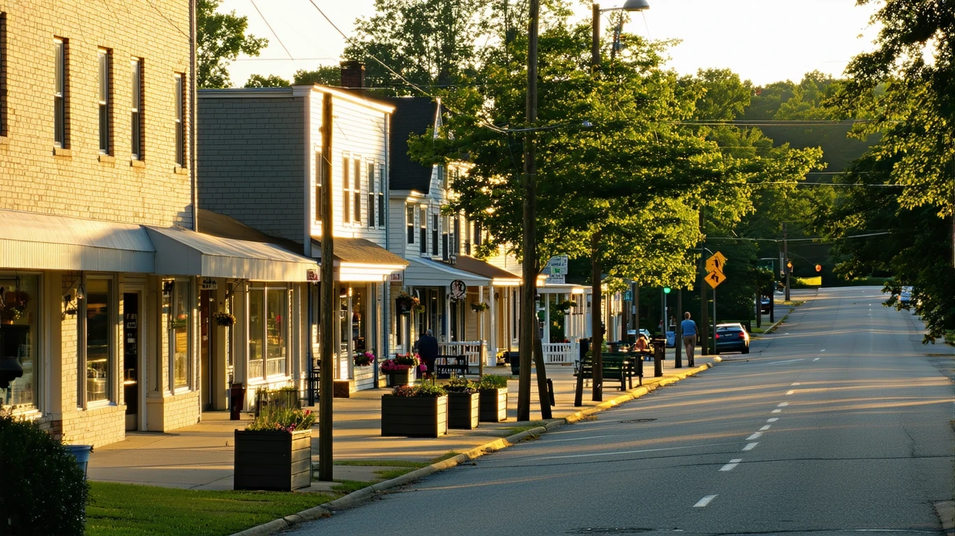 A tree-lined street in Harrisburg, NC with small storefronts beside a residential block at dusk.
