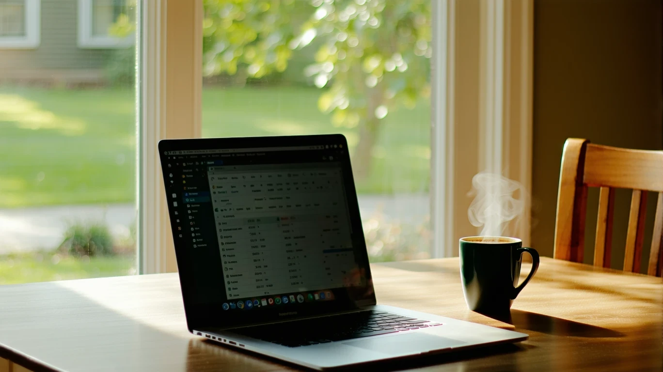 Laptop showing budgeting software on dining table with coffee mug in sunny home.