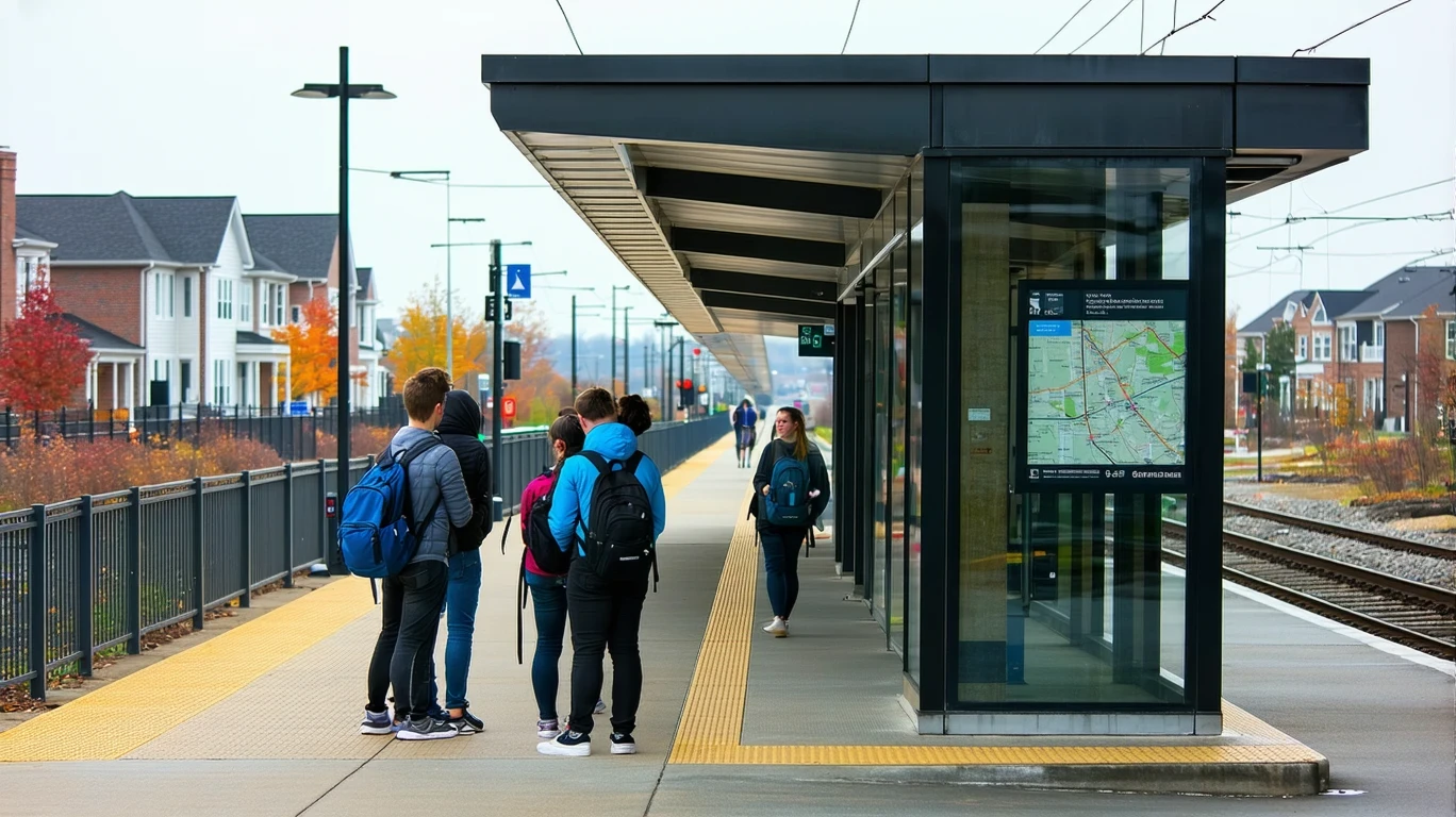 A light rail station platform with a few commuters and students on an overcast day in a suburban setting.