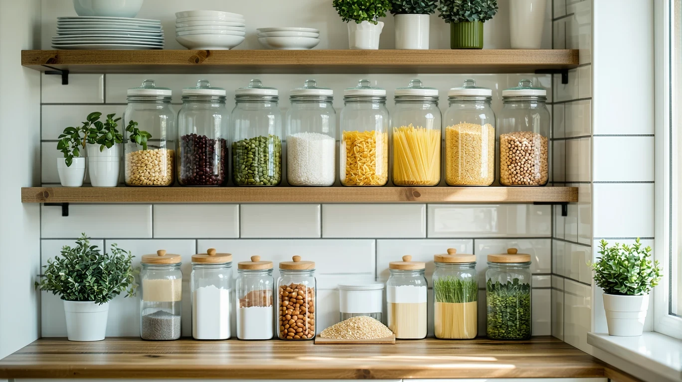 A pantry shelf with jars of beans, pasta and rice in a bright kitchen.