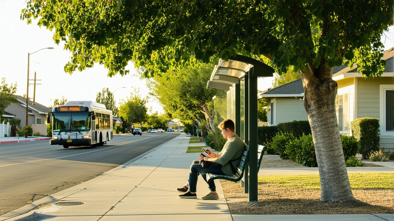 A man waits at a shaded bus stop bench on a suburban street as a bus approaches in the background.