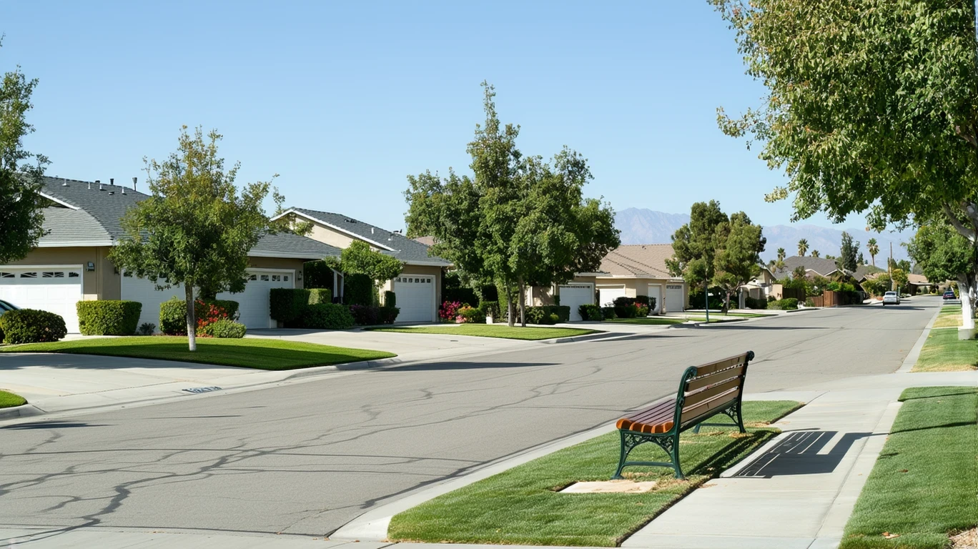 A quiet suburban street in Hemet with neat single-story homes and a small neighborhood park visible across the way.