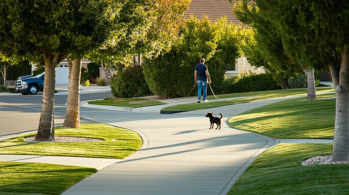 A person walking a dog on a curving suburban sidewalk lined with trees and lawns in San Bernardino.