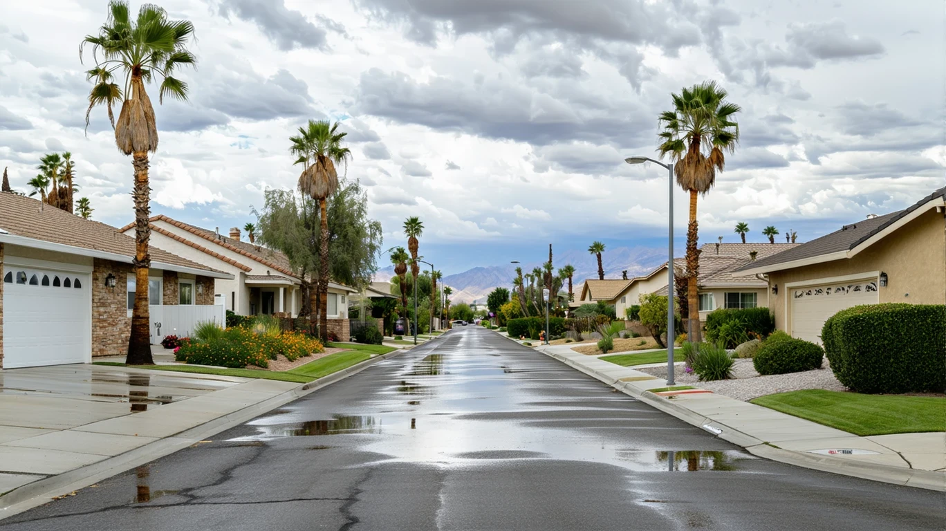 A palm-lined residential street in Hemet, California with wet pavement after rain.