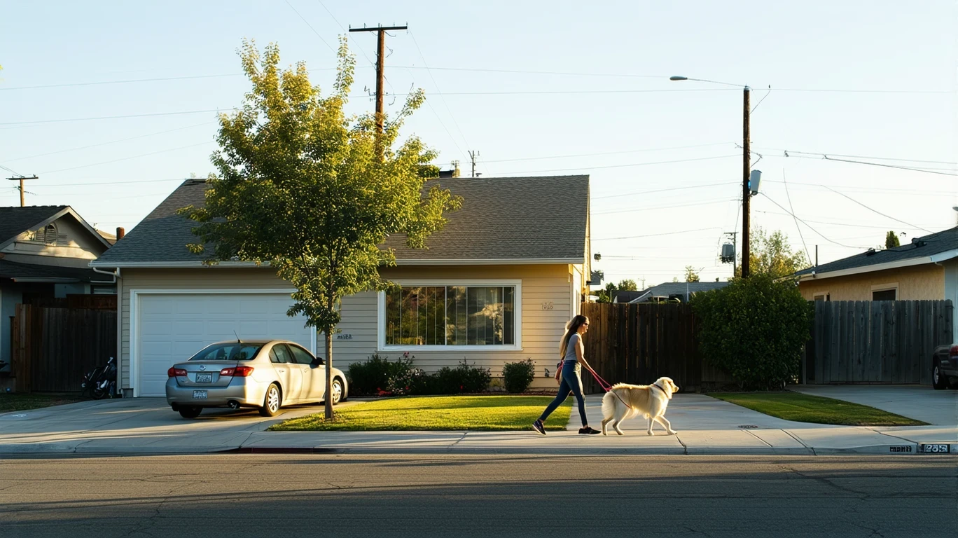 A woman walks her dog on a quiet residential corner in Ontario, California.
