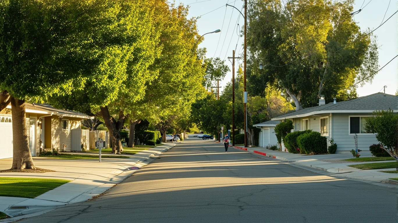 A tree-lined street in Hemet with sunlight filtering through maple branches and a pedestrian walking on the sidewalk.
