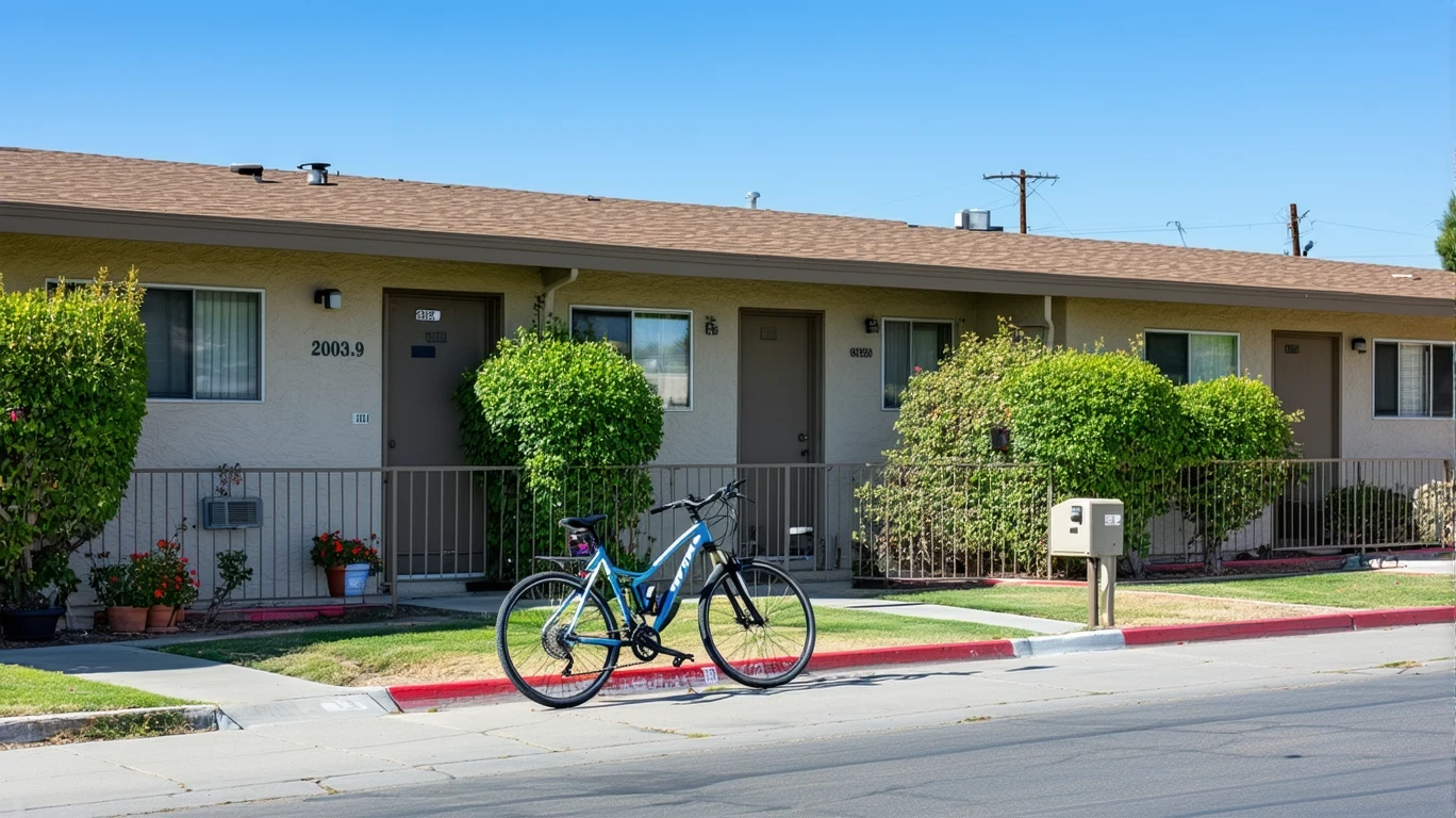 Exterior view of a small apartment building in Hemet, California with bicycles by the shaded doorways.