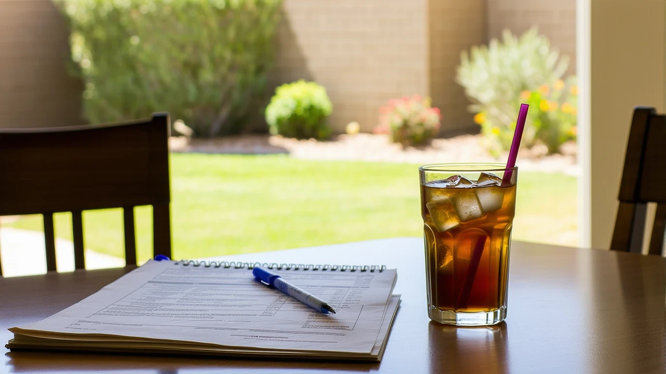 A utility bill and notepad with monthly expenses on a kitchen table in a Hemet home.