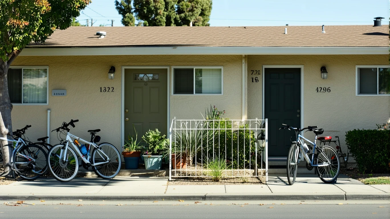 A row of tidy apartment units with potted plants and bicycles on a sunny day in Hemet, California.