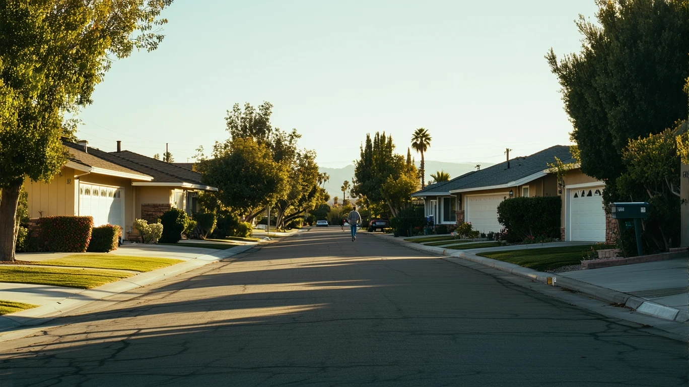 A peaceful residential street in Hemet, CA at sunrise, with modest homes, leafy trees, and a person walking a dog in the distance.