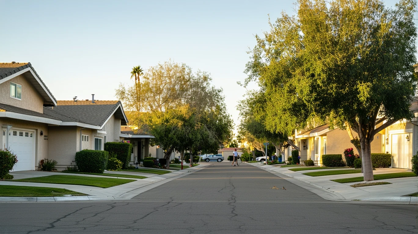 A residential street in Hemet, CA with one-story homes and trees in morning light.