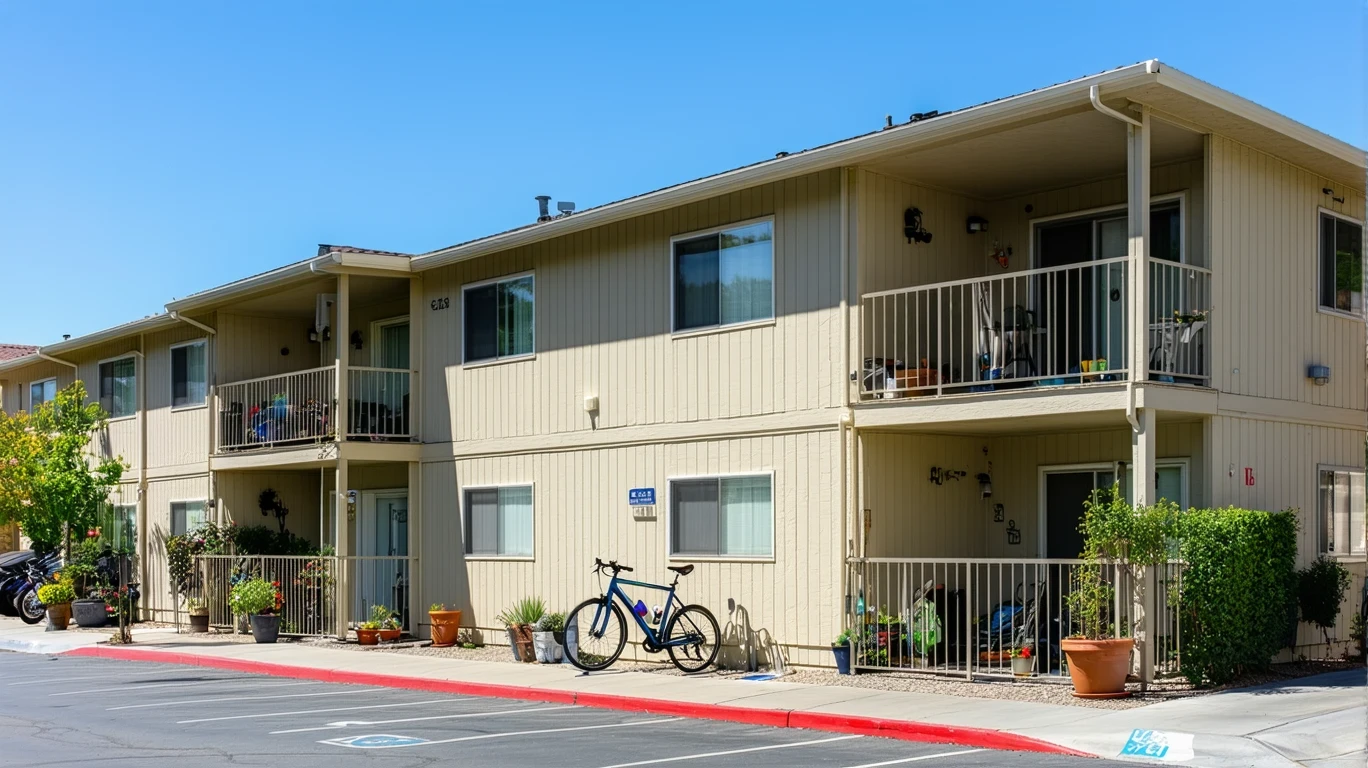 Exterior view of a small apartment building with potted plants and bicycles.