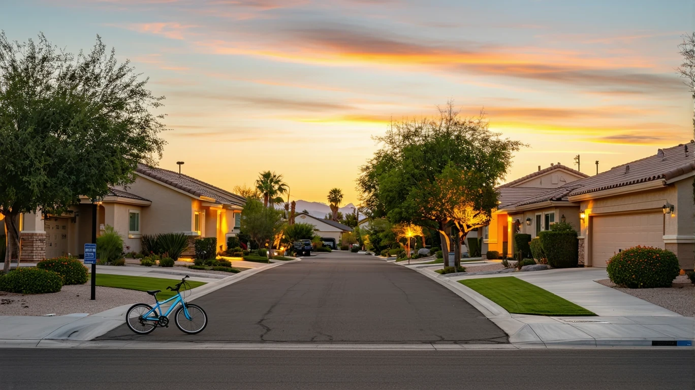 A suburban cul-de-sac at dusk in Hemet, California with porch lights turning on and a child's bicycle near the curb.