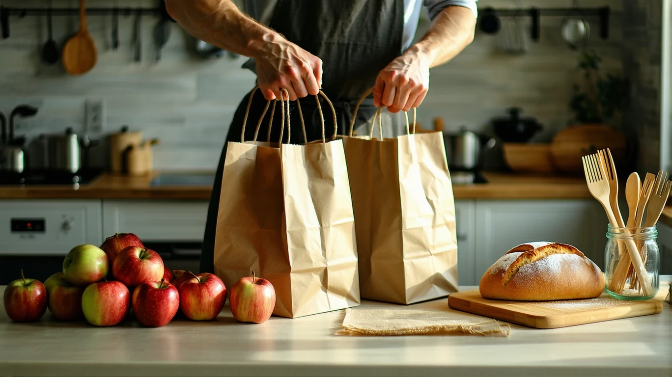 A person unpacking groceries in a sunlit kitchen, with apples and bread on the counter.