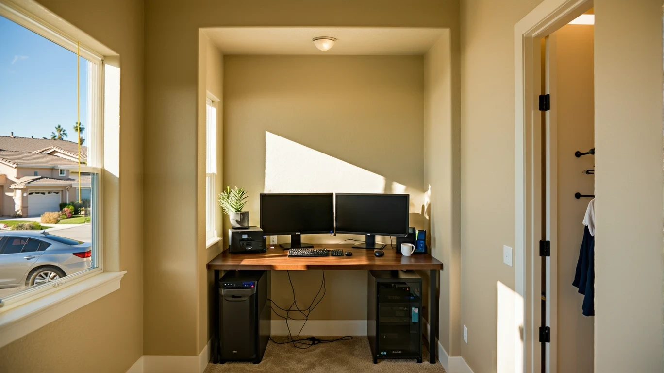 A home office desk with two monitors and some loose cords, lit by a sunny window.