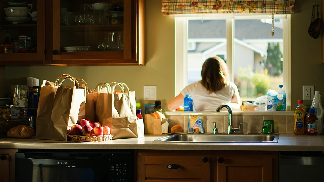 A person unpacking groceries on a sunlit kitchen counter, with apples and bread visible.