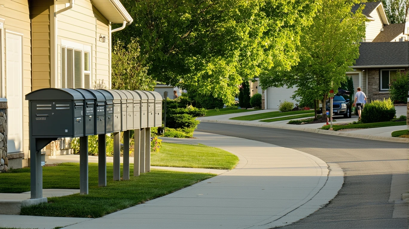 A sunny suburban sidewalk in Herriman, Utah lined with several mailboxes, with houses visible in the background.